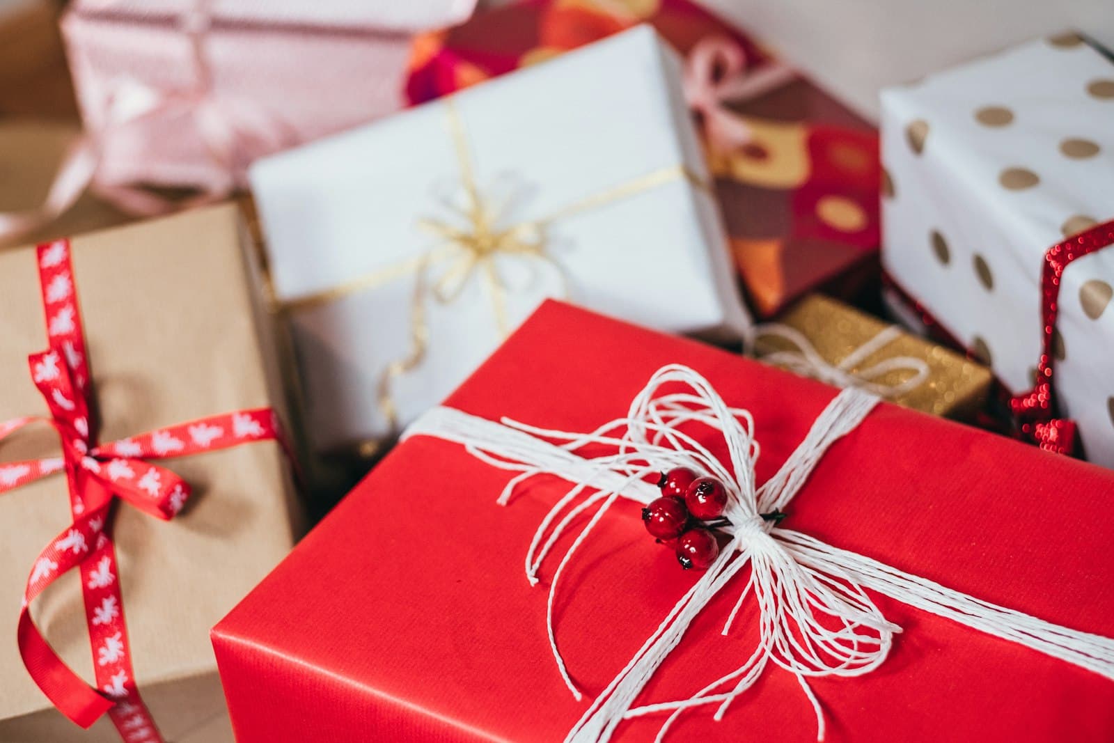 Wrapped gift boxes tied with ribbon